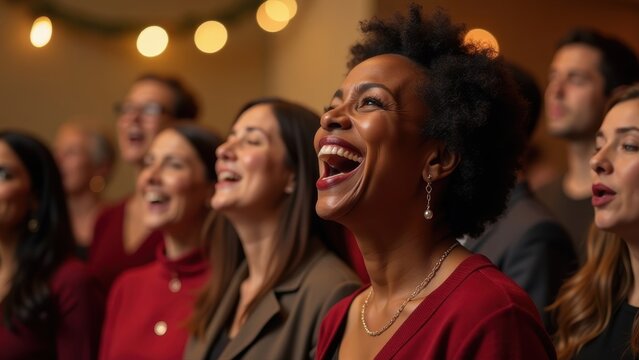 Diverse group of people joyfully singing together in a choir, with warm festive lighting, creating a spirited holiday atmosphere
