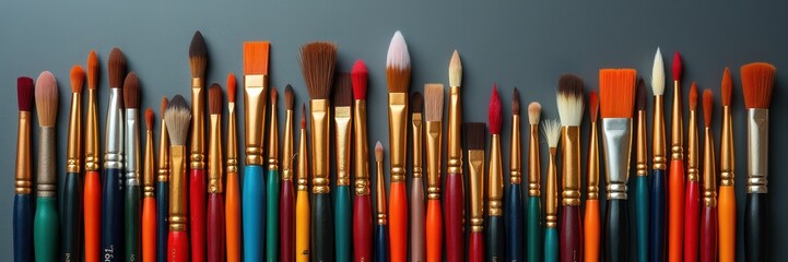 Fototapeta premium A colorful array of artist brushes lined up, showcasing various shapes and sizes perfect for painting, drawing, and makeup artistry.