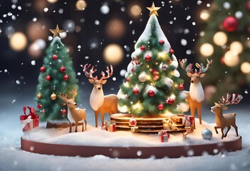 Christmas tree with gifts and snowman decorated with ornaments and a star in a winter snowy scene