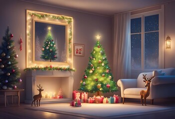 Cozy Christmas Tree with Presents by the Fireplace in a Festive Living Room