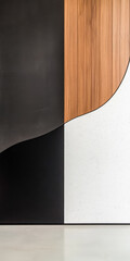 Fototapeta premium Modern interior design featuring a stylish wooden, black, and white wall in a contemporary space
