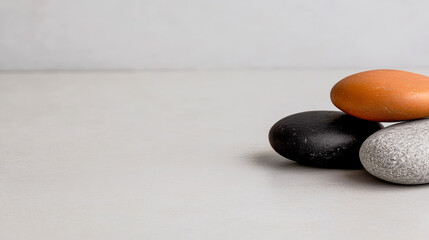 A balanced arrangement of smooth stones on a pale surface, highlighting natural textures and colors