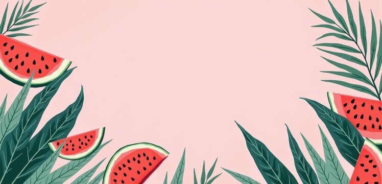 Fresh and vibrant watermelon slices surrounded by lush green leaves on a soft pink background, perfect for summer-themed designs, food promotions, or tropical events.