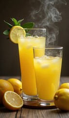 Fototapeta premium Refreshing lemonade served in tall glasses with ice, garnished with lemon slices and mint. Perfect for summer beverages, restaurants, or wellness promotions.
