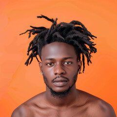 Portrait of a man with dreadlocks on an orange background
