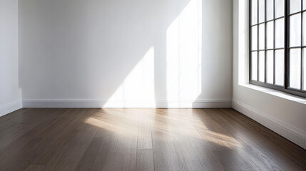 Obraz premium Natural sunlight fills a minimalist room with wooden floors and large windows in the afternoon