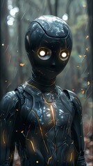 Fototapeta premium Futuristic Robot in Rain: Cyberpunk Art with Glowing Eyes