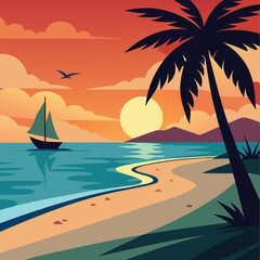 palm trees silhouette on a beautiful sunset tropical beach vector illustration
