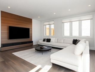 Fototapeta premium Bright modern living room with a white sectional sofa and wooden wall in a sunny space