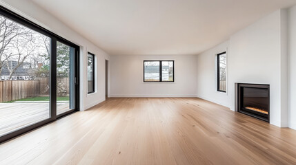 Fototapeta premium Spacious modern living room with large windows and hardwood floors in a contemporary home