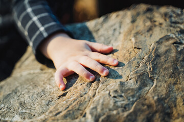 A young childs small hand is gently touching the surface of a very large rock, feeling its texture and exploring the natural environment around them with curiosity and wonder