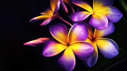 Fototapeta premium Purple and Yellow Light Flowers on a Black Background - a vibrant and captivating visual. The glowing flowers create a mesmerizing and colorful contrast against the dark backdrop.