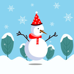 snowman character with christmas tree for happy holiday card design