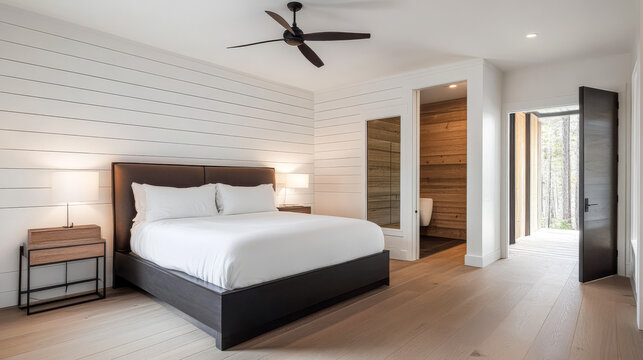 Modern bedroom with minimalist design, large window, and ensuite bathroom surrounded by nature