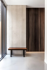 Minimalist design with a wooden bench and textured walls in a modern space
