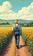 Fototapeta premium A serene landscape featuring a farmer walking through a sunflower field, embodying the essence of agriculture and rural life.