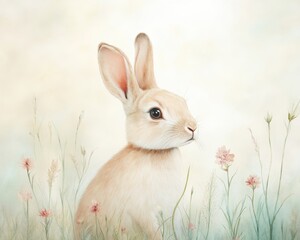 Obraz premium Peaceful Bunny in Meadow: A gentle beige bunny sits serenely amidst soft, pastel wildflowers in a tranquil meadow. This charming illustration evokes feelings of peace and tranquility. 