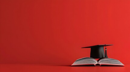 Striking Vibrant Red Background with Graduation Cap Placed on Open Book Symbolizing Academic Accomplishments Education and Intellectual Milestones