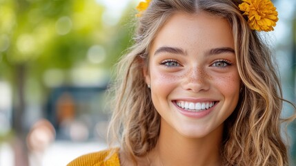 Fototapeta premium Smiling young woman with flowers in her hair enjoying a sunny day outdoors, AI