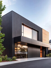 Modern architectural design of a sleek black building in a vibrant urban setting during the day