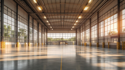 Spacious industrial warehouse with large windows and ample natural light.
