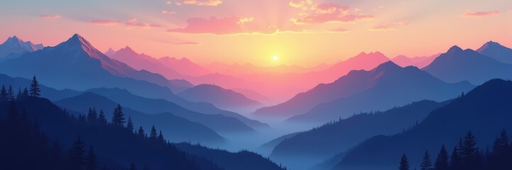 Obraz premium A serene sunset over layered mountains, showcasing vibrant colors and mist. Perfect for nature-themed projects, travel brochures, and wellness branding.