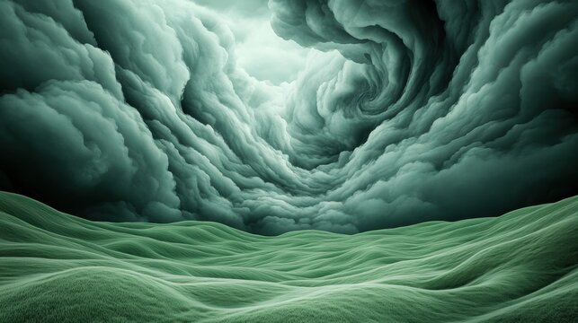 Surreal green landscape with swirling storm clouds above, AI