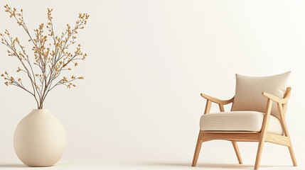 Stylish chair and flower vase on a white isolated background.