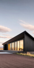 Fototapeta premium Modern architectural design of a sleek black house during sunset in a tranquil landscape