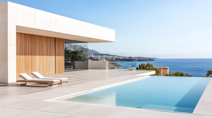 Fototapeta premium Modern seaside villa with infinity pool overlooking the ocean on a sunny day