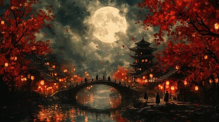 Enchanting Full Moon Night in a Traditional Asian Village – Lanterns, Red Foliage, and an Arched Bridge Over a River, Ideal for Fantasy, Peaceful Aesthetic, and Mythical-Themed Design Projects
