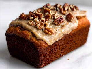 Freshly baked vegan banana bread with a moist tender crumb and a sprinkle of chopped walnuts on top photographed in natural light against a minimalist white background for a soft
