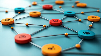 Colorful network of interconnected nodes and lines representing a digital network