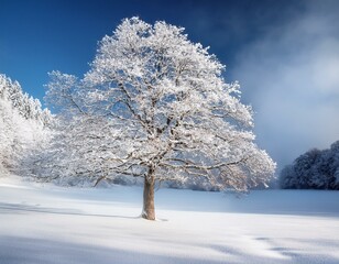 Snow-covered tree in a serene outdoor winter landscape, capturing the calm beauty of nature in the cold season