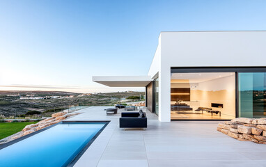 Fototapeta premium Modern architectural design of a luxury villa with a pool overlooking scenic hills during sunset