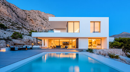A modern villa with a pool overlooking the mountains at twilight in a serene landscape