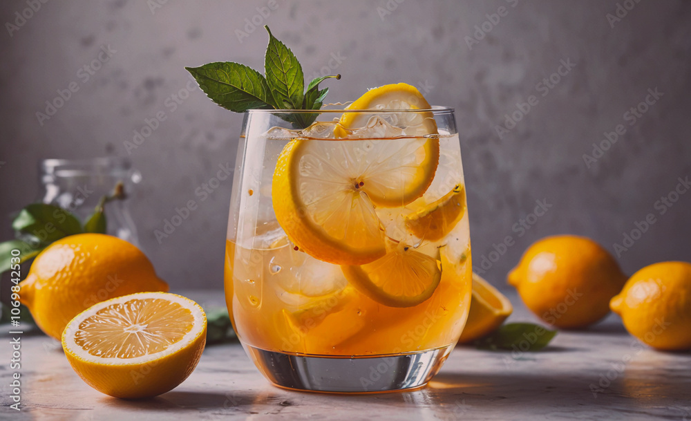 Poster glass of lemonade with a slice of lemon on top