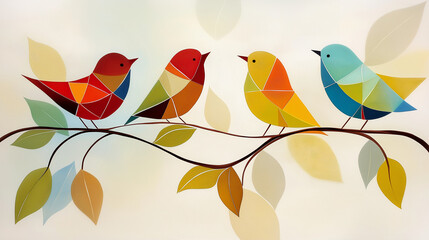 Geometric birds on branch with colorful leaves
