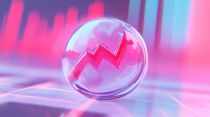 Cryptocurrency Downward Trend: A glowing orb, symbolizing a cryptocurrency, sits on a grid against a backdrop of a vibrant, blurred chart, depicting a downward trend in the digital currency market.  