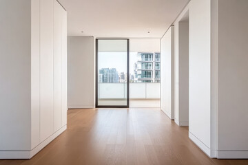 A spacious, minimalist apartment features light-colored walls and wooden flooring