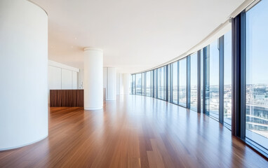 Obraz premium Modern office interior with panoramic windows and wooden flooring in a high-rise building