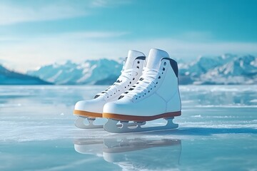 Ice skates glide across frozen lake