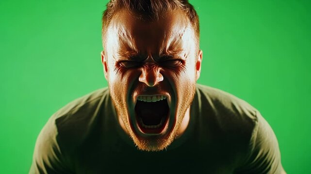 Man with an angry expression is screaming on a green screen background. He is isolated and the background can be easily removed