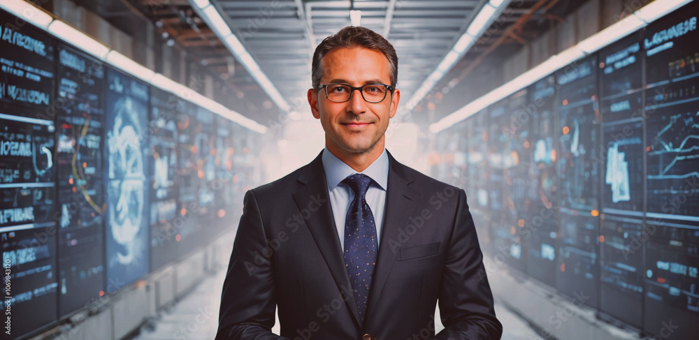 Poster Man in a suit and tie stands in front of a wall of computer monitors