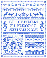 Retro ross stitch vector seamless patterns collection with alphabet, flowers and animals - pixelated ornament inspired by German and Austrian folk art. Non AI generated
