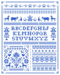 Retro ross stitch vector seamless patterns collection with alphabet, flowers and animals - pixelated ornament inspired by German and Austrian folk art. Non AI generated  © redkoala