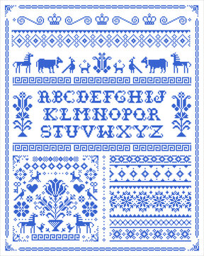 Retro ross stitch vector seamless patterns collection with alphabet, flowers and animals - pixelated ornament inspired by German and Austrian folk art. Non AI generated
