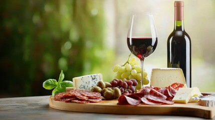 Charcuterie board setup with red wine, featuring cheeses, salami, olives, and fruits for a cozy wine pairing