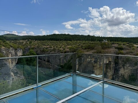 Safranbolu Crystal Terrace or Glass Terrace. The viewing terrace made of glass and extending towards the cliff without any support underneath, offers unique canyon views. Karabuk, Turkey.