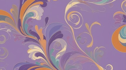 A backdrop of pastel purples and soft gold accents creating an elegant and whimsical floral pattern